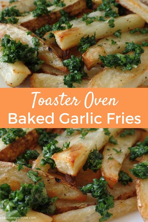 A lightened up recipe for toaster oven garlic fries covered in sweet roasted garlic, olive oil and parsley. Just like the ballpark but better for you! Vegan Toaster Oven Recipes, Tovala Oven Recipes, Tovala Recipes, Tovala Oven, Oven Appetizers, Oven Baked Garlic, Roasted Garlic Olive Oil, Oven Garlic, Breville Oven