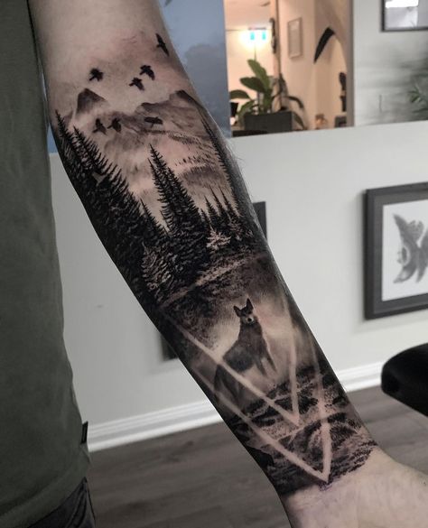 Dylan Weber on Instagram: “The start of a really cool sleeve I have planned for Mitchell, thanks mate! 🐺 🌲 @atlnts.studio #forest #wolf #landscapetattoo #wolftattoo…” Wilderness Forearm Tattoo, Wolf In Forest Tattoo, Wolf Sleeve Tattoos For Guys, Family Tattoo Men, Half Sleeve Tattoos Upper Arm, Wolf Forest Tattoo, Forest Animal Tattoo, Nature Tattoo Sleeve Women, Half Sleeve Tattoo Upper Arm