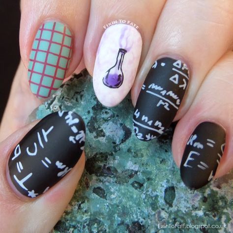 Science and Technology inspired nailart featuring blackboard (chalkboard) nail art with equations, graphing paper, and a chemistry beaker overflowing with purple liquid and smoke. School Nail Art, Chalkboard Nails, Scientist Party, Stamp Template, Patrick Nagel, Matte Nail Art, Orange Nail Designs, Nail Art Stamping Plates, Nail Files