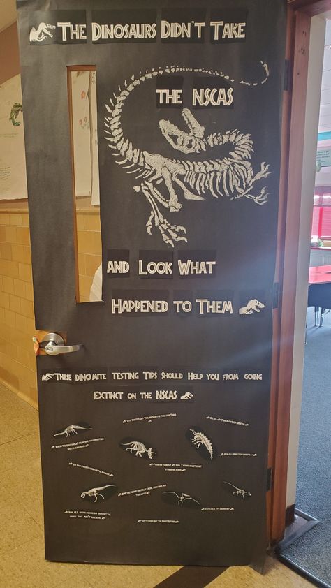 My school had a door decoration competition. My class picked Jurassic Park Theme. To make the dinosaur I used my projector and chalk. Jurassic Park Door Decoration, Jurassic Park Classroom Theme, Jurassic Park Door, Jurassic Park Classroom, Teachers Inspiration, Jurassic Park Theme, Dinosaur Classroom, 2024 Classroom, Halloween Science