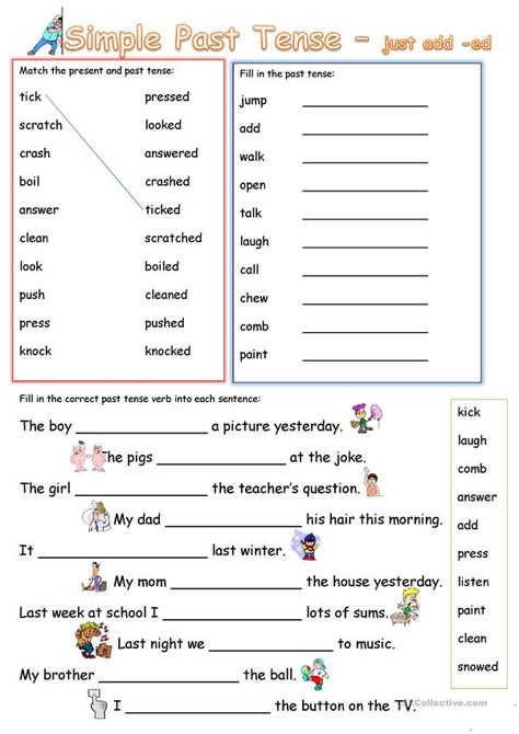 simple past tense add 'ed' - English ESL Worksheets Simple Past Tense Worksheet, English Preschool, Tense Worksheet, Past Tense Worksheet, Tenses Exercises, Simple Past, English Worksheets For Kindergarten, Simple Past Tense, Past Simple