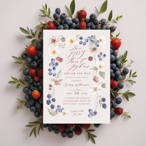 July Baby Shower Themes, Berry Garden, Twins Baby Shower Invitations, Gender Neutral Baby Shower Invitations, Strawberry Baby, Flower Illustrations, Wild Berries, Elegant Baby Shower, Twins Baby Shower