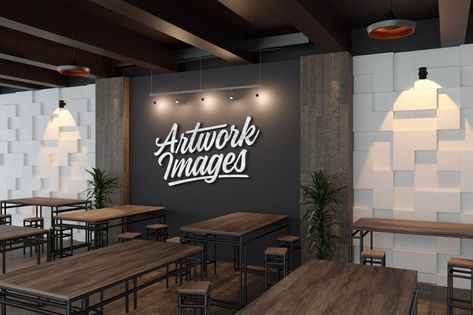 Silver 3d logo mockup on restaurant deco... | Premium Psd #Freepik #psd #logo #mockup #restaurant #presentation Wall Logo, Real Estate Logo Design, Golden Design, Elegant Business Cards, Artwork Images, Logo Mockup, 3d Logo, Black Walls, Solid Surface