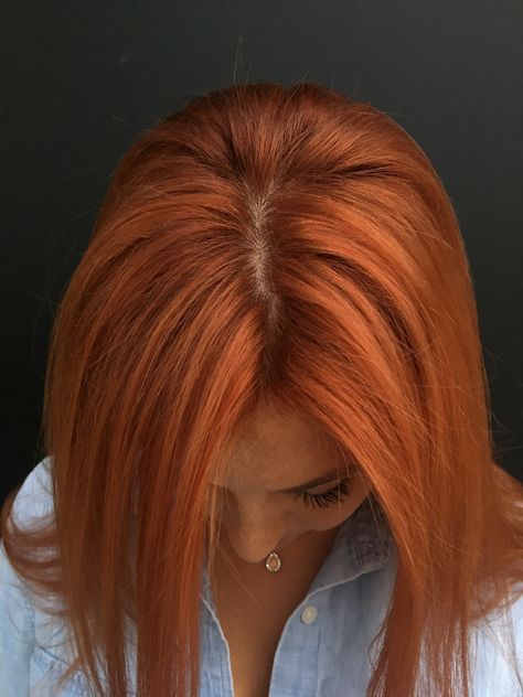 Intense copper hair color by Aveda Dark Rooted Copper Hair, Intense Copper Blonde, Short Copper Hair With Dark Roots, Light Copper Red Hair, Ginger Hair Color Short, Short Copper Red Hair, Orange Short Hair, Intense Copper Hair, Medium Length Copper Hair