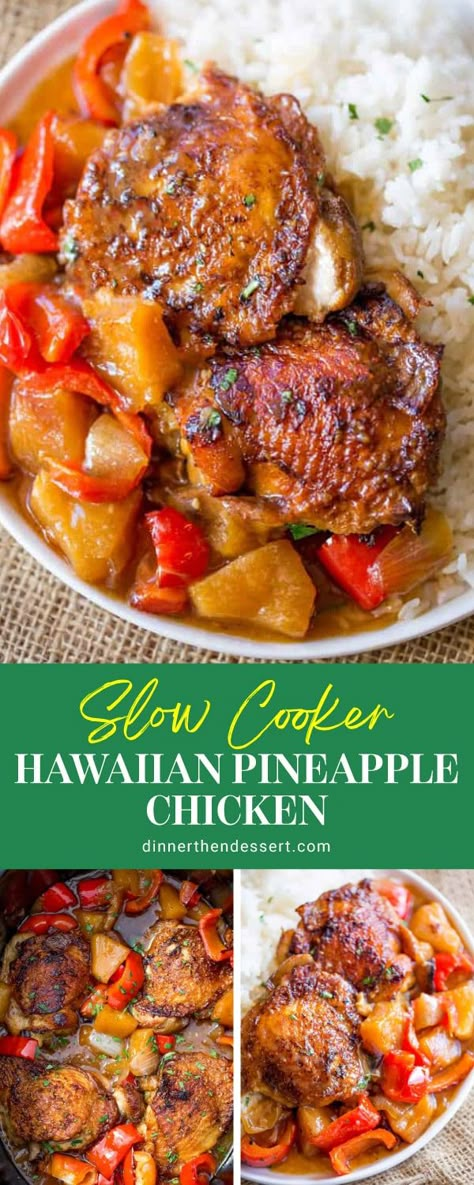 Slow Cooker Hawaiian Pineapple Chicken with crispy chicken thighs, fresh pineapple chunks, onions and bell pepper. Takes 15 minutes of prep! Pineapple Red Pepper Chicken, Chicken Pineapple Crockpot Recipes, Pineapple Chicken Instant Pot, Slow Cooker Chicken Thighs Recipes, Pineapple Crockpot, Slow Cooker Pineapple Chicken, Hawaiian Pineapple Chicken, Bbq Pineapple Chicken, Baking Frozen Chicken