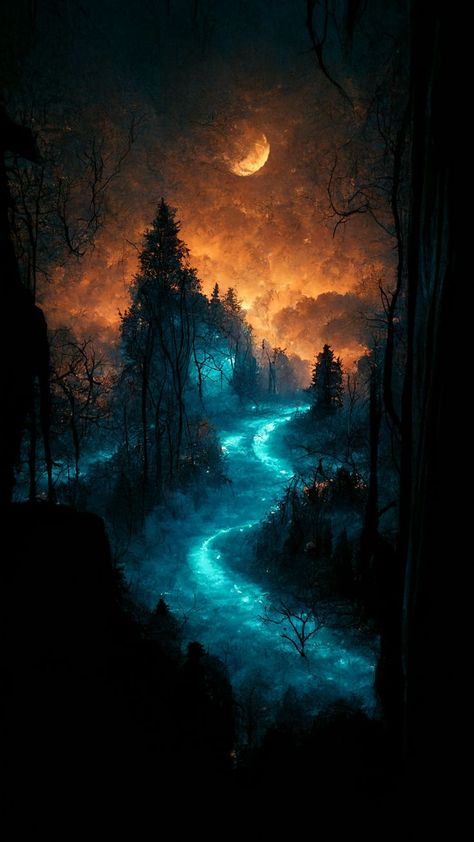 Scary Landscape, Cliffs Tattoo, Spooky Woods, Forest At Night, Scary Houses, Dark Tree, Landscape Forest, Halloween Arts And Crafts, River Painting