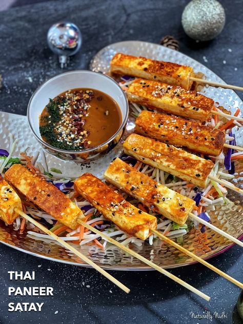 Thai Paneer Satay - Naturally Nidhi Veg Thai Recipes, Indian Kebab, Salad Sticks, Thailand Night, Thai Satay, Veg Starter Recipes, Appetizer Recipes Vegetarian, Satay Recipe, Vegetarian Thai