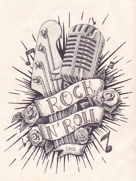 Rock And Roll Tattoo, Rock N Roll Tattoo, Old Microphone, Rockabilly Tattoos, Rockabilly Tattoo, Rock Tattoo, Unalome Tattoo, Music Tattoo Designs, Guitar Tattoo