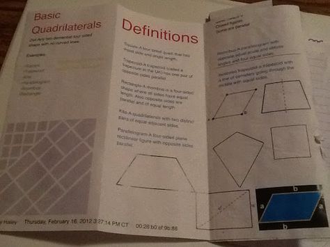 Great idea for combined math and technology (publisher brochure) interactive math piece. Love it! Math Brochure Ideas, Quadrilaterals Project, Area Of Parallelogram Activities, Properties Of Quadrilaterals Chart, Algebra Properties, Maths Algebra, Math Projects, Brochure Design, School Projects