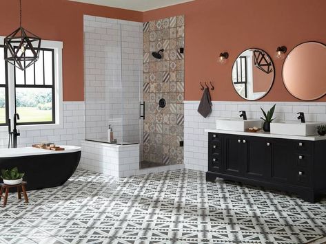 One Bath, Three Looks by Floor & Decor Designers Bathroom Paint Colors With Tan Tile, Black And White Floor Tile, Floor Tile Bathroom, Tan Tile, Black And White Floor, Design Seed, Easy Tile, Bathroom Decor Colors, White Wall Tiles