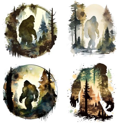 Bigfoot Watercolor, Bigfoot Painting, Bigfoot Pictures, Bigfoot Art, Pour Art, Forest Creatures, Art Et Illustration, Hiking Shirts, Camping Art