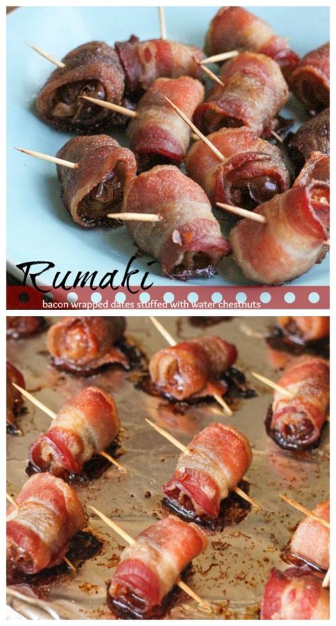 Rumaki Bacon Wrapped Dates stuffed with water chestnuts - best appetizer ever! Appetizers For Christmas, Bacon Dates, Best Appetizers Ever, Dates Stuffed, Bacon Recipes Appetizers, Wrapped Dates, Best Appetizer, Bacon Wrapped Dates, Popular Appetizers