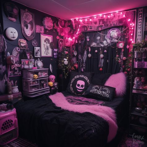 Kawaii Goth Bedroom 🖤 #kawaiigoth #goth #gothbedroom #gothrooms #kawaii #kawaiiinspo #gothinspo #gothroominspo #gothideas Black Goth Bedroom Ideas, Girly Goth Bedroom, Goth College Dorm, Kawaii Goth Bedroom, Creepy Cute Bedroom, Horror Bedroom Aesthetic, Pastel Goth Aesthetic Room, Pastel Goth Bedroom, Black And Pink Room Ideas