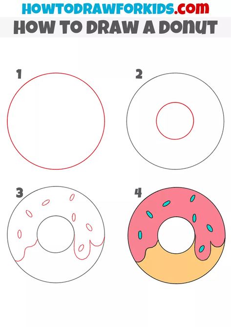 How to Draw a Donut for Kindergarten - Easy Drawing Tutorial For Kids Easy Kindergarten Drawing, How To Draw Donut, How To Draw A Donut, Easy Drawing For Kindergarten, Food Easy Drawing, Donut Drawing Easy, Simple Drawing Ideas For Beginners, How To Do Drawing, Free Stencils Printables Templates