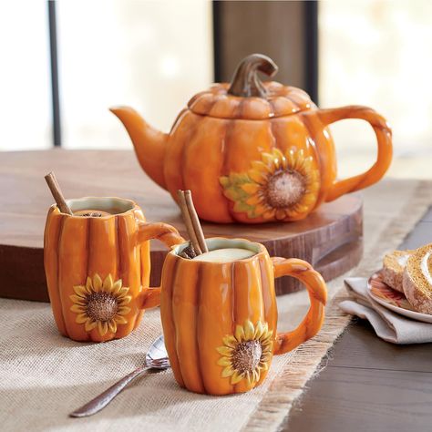 Pumpkin Teapot with Set of 2 Mugs | Country Door Pumpkin Teapot, Sunflower Tea, Pumpkin Sunflower, Pumpkin Tea, Country Door, Tassen Design, Ceramic Set, Tee Set, Kitchen Themes