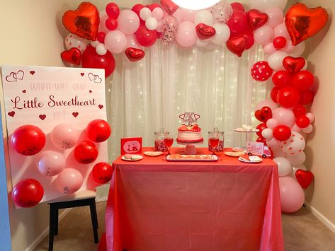 Valentine's Birthday Party, Valentine’s Day Bday Party, Sweet 16 Valentines Theme, Valentine’s Day Gender Reveal Theme, February Gender Reveal Ideas For Party, Valentines Day Balloon Arch, Gender Reveal Valentines Day, Valentines Theme Gender Reveal, Valentine’s Day Gender Reveal Party