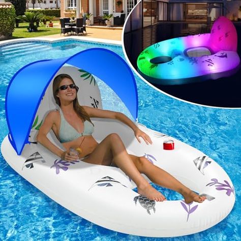 Sinbyuer Inflatable Pool Float Lounger with Color Changing Lights, Solar Powered Adult Pool Float with Canopy, Floating Pool Lounge Float with Cup Holder, Large Pool Float Chair Pool Rafts for Adults Large Pool Floats, Pool Floats For Adults, Pool Rafts, Large Pool, Inflatable Pool Floats, Pool Chairs, Play Pool, Pool Lounge, Pool Floats