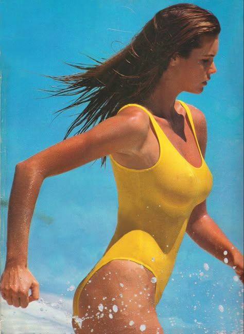 Elle Macpherson 90s, Elle Mcpherson, Swimsuit Yellow, Yellow Swimsuit, Australian Swimwear, Girl In Water, Elle Macpherson, Yellow Swimsuits, Swimsuit Collection