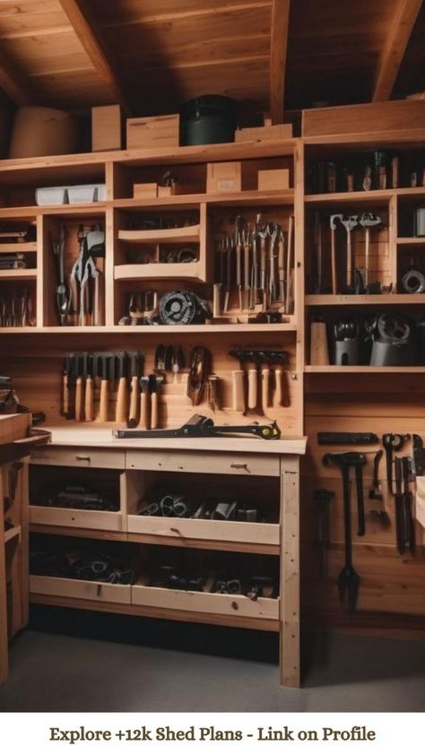 Diy Tool Storage, Tool Organization Ideas, Backyard Shed Ideas, She Shed Ideas Interior, Tool Wall Storage, Shed Workshop, Medieval Home Decor, Wooden Workshops, Tool Wall