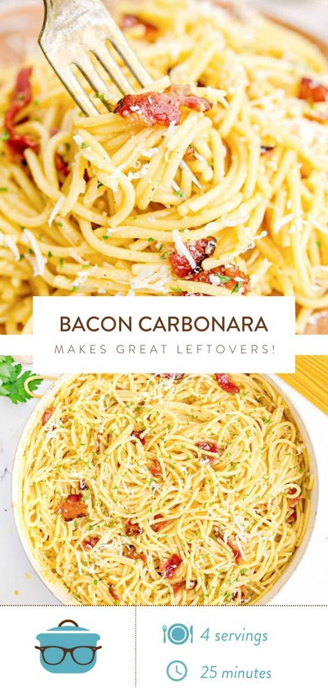 This Bacon Carbonara recipe is a simple, delicious twist on the classic original. Creamy seasoned pasta combined with crispy bacon! Creamy Chicken With Bacon, Cooking With Bacon Recipes, Pasta Bacon Carbonara, Bacon Noodles Recipe, Spaghetti With Bacon Recipes, Bacon Carbonara Recipe, Bacon Pasta Sauce, Cabanara Pasta Recipe Bacon Chicken, Bacon Alfredo Pasta Recipes