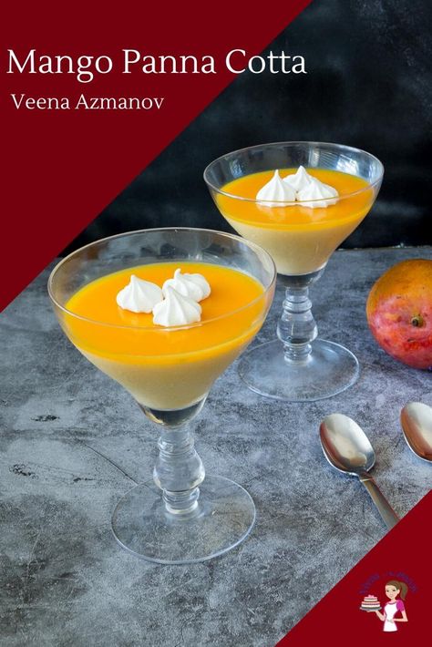 Make your next dessert a panna cotta and give it a mango twist. This mango panna cotta is rich, creamy and decadent. It takes only 15 minutes to prepare and can be made up to ahead of time. #mango #pannacotta #pannacottadessert #dessert #mangodessert #mangoes Mango Pannacotta, Panna Cotta Tart, Mango Panna Cotta, Mango Tart, Vegetarian Substitutes, Kitchen Secrets, Panna Cotta Recipe, Mango Dessert, Baking Decorating