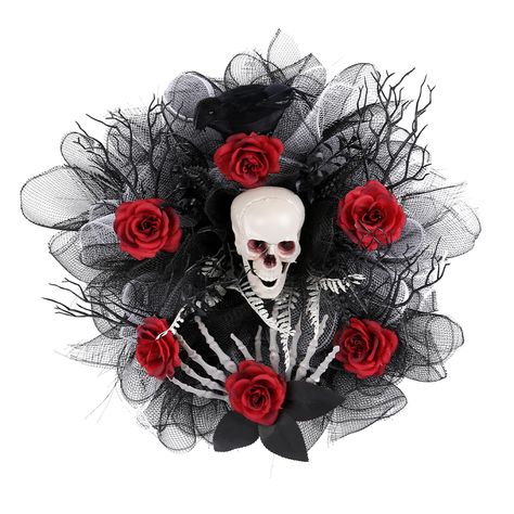 PRICES MAY VARY. 【Create a Spooky Atmosphere!】Package Includes 1 x Red Rose Skeleton Mesh Wreath. Transform your home with this eerie and elegant Red Rose Skeleton Mesh Wreath. 【Vivid】This wreath features a skeleton surrounded by red roses and black mesh, creating a stunning and eerie decoration for Halloween. 【Lightweight & Portable】Weighing only 259g, this wreath is lightweight and easy to hang , move and store when not in use. 【Ideal Use】Ideal for decorating your home, office, or party space. Mesh Garland, Fall Floral Decor, Skull Wreath, Halloween Mesh Wreaths, Door Hanging Decorations, Halloween Front Doors, Rose Skull, Halloween Traditions, Halloween Garland