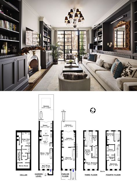 Townhouse Design Ideas, Greenwich Village Nyc Townhouse, London Mews House Floor Plan, Nyc Townhouse Floor Plan, New York Brownstone Floor Plan, Luxury Townhouse Floor Plans, Modern Townhouse Floorplan, Townhouse Plans Layout, Townhouse Designs Plan