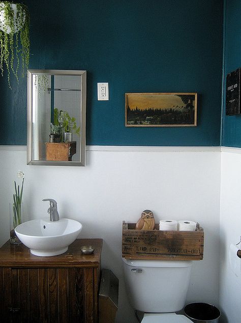 paint color "realm" by behr, so rich! Small Blue Bathroom, Small Bathroom Paint Ideas, Dark Teal Bathroom, Blue Toilet, Dark Blue Bathrooms, Colorful Bathrooms, Teal Bathroom Ideas, Teal Bathroom, Small Space Bathroom