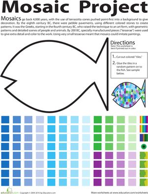 Second Grade Paper Projects Worksheets: Make a Fish Mosaic Worksheet Mosaics For Kids, Fish Mosaic, Paper Mosaic, 2nd Grade Art, Printables Free Kids, Art Worksheets, Art Curriculum, Paper Ideas, Homeschool Art