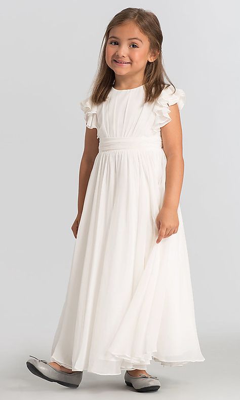 Ivory Flutter-Sleeve Flower Girl Dress by Dessy Girl Simple Flower Girl Dresses, White Long Dress Summer, Plain White Dress, Confirmation Dresses, Long Flower Girl Dresses, Elegant Clothing, Girls White Dress, Kleinfeld Bridal, White Flower Girl Dresses