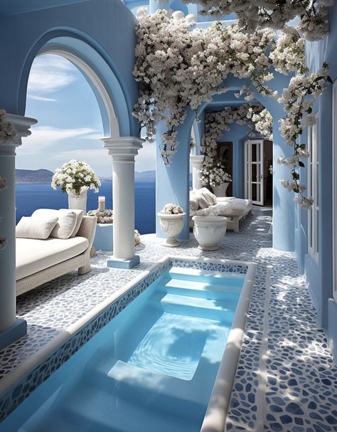 Covered Swimming Pool, Santorini Resorts, Luxury Beach House, Swimming Pool Designs, Coastal Home, Home Modern, Coastal Homes, Pool Designs, Modern House Exterior