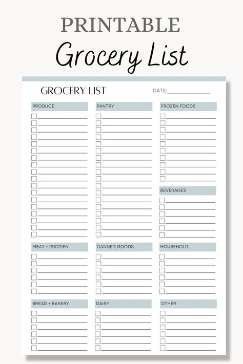 This grocery shopping list is perfect for keeping organized during the week and while at the grocery store. This template includes sections for produce, meat or protein, bread and bakery, pantry and dry goods, canned goods, dairy, frozen foods, beverages, household, and an additional section for any other items you need to add. Print this list and keep it handy as you run out or think of things to add throughout the week. Bakery Pantry, Grocery List Printable Free, Parenting Printables, Grocery Checklist, Grocery Planner, Food Shopping List, Grocery List Template, Template Food, Grocery Shopping List