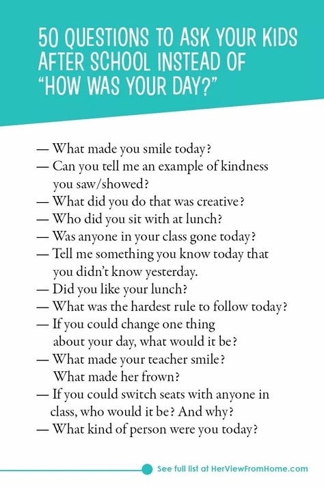 Foster communication with your kids by getting away from the standard "how was your day?" Click through to see all 50 suggestions! Uppfostra Barn, Smart Parenting, Parenting Skills, Gentle Parenting, Parenting Teens, Co Parenting, Good Parenting, Positive Parenting, Questions To Ask