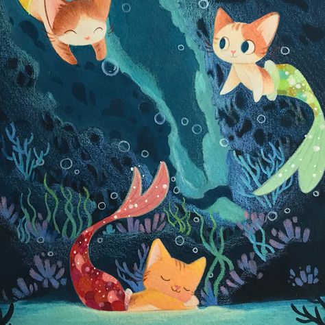 Mermaid Cat, Mermaid Illustration, Image Chat, Cats Illustration, Fish Art, Cat Painting, Cute Illustration, Animal Illustration, Book Illustration