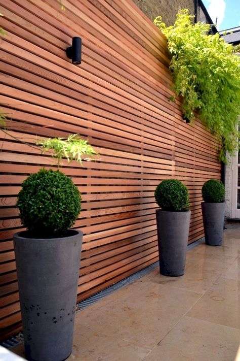 30+ Inexpensive but Innovative Backyard Garden Landscaping Ideas Slatted Wall, Patio Screen, Budget Plan, Privacy Fence Designs, Patio Privacy, Outdoor Wall Lamp, Cheap Backyard, Garden Privacy, Backyard Privacy