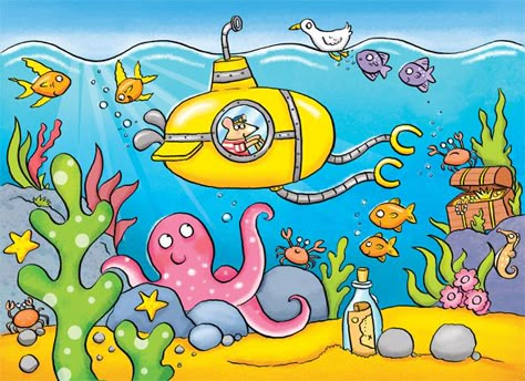 under the sea, submarine, octopus, fish, treasure chest, children's illustration, by Kate Daubney, kids illustration Life Under The Sea Drawings, Under The Sea Drawing Easy, Underwater Drawing For Kids, Under The Sea Drawing, Under The Sea Illustration, Submarine Drawing, Sea Drawings, Under The Sea Drawings, Aquarium Drawing