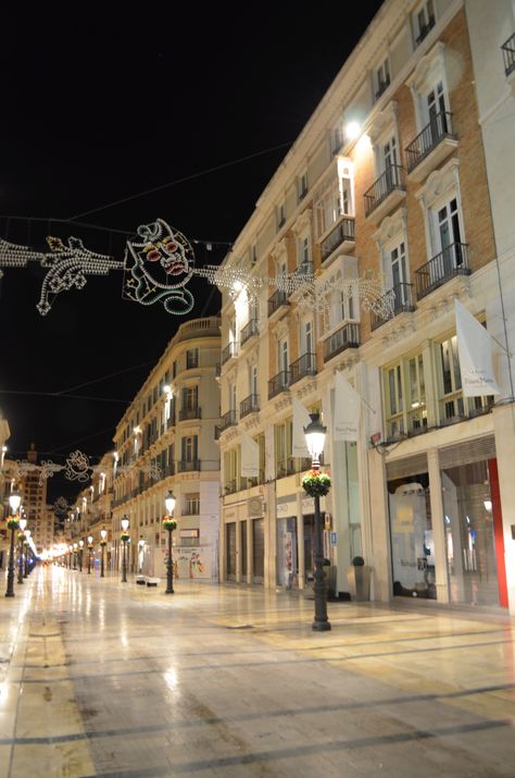 Malaga, Spain. Spain At Night, Spanish Architecture, Malaga Spain, Malaga, At Night, Mood Board, Vision Board, Street View, Favorite Places