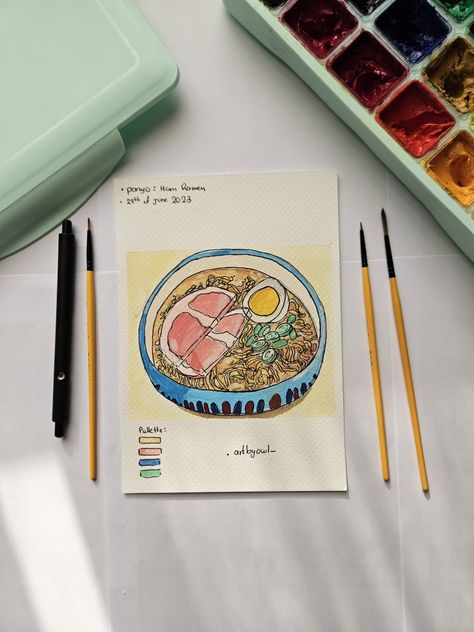 Ramen Painting, Aesthetic Ramen, Ghibli Food, Painting Gouache, Food Easy, Gouache Art, Easy Paintings, Ceramic Painting, Studio Ghibli