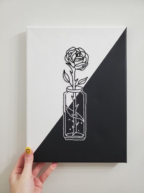 Black Canvas Line Art, Embroidery On Canvas Ideas, Embroidery Painting Canvas Ideas, Line Painting Canvas, Embroidery Canvas Art Flowers, Rose Canvas Art, Black Canvas Embroidery, Canvas Embroidery Art For Boyfriend, Embroidery Painting Canvas