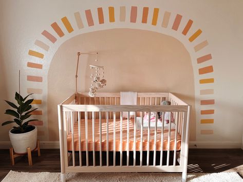 Boho Rainbow And Sunshine Nursery, Girly Nursery Ideas Boho, Retro Nursery Girl, 70s Nursery Theme, Orange Toddler Room, Boho Sunshine Nursery, Orange Nursery Ideas, Orange Nursery Girl, Yellow Girl Nursery