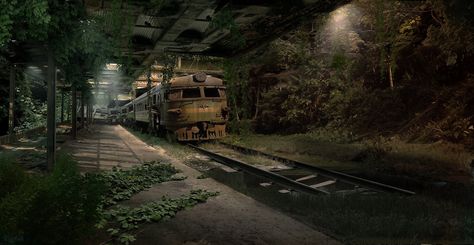 Abandoned Train Station by Nacho3 on deviantART Apocalypse Landscape, Post Apocalyptic City, Train Wallpaper, Abandoned Train Station, Apocalypse World, Apocalypse Aesthetic, Post Apocalyptic Art, Old Train Station, Apocalypse Art