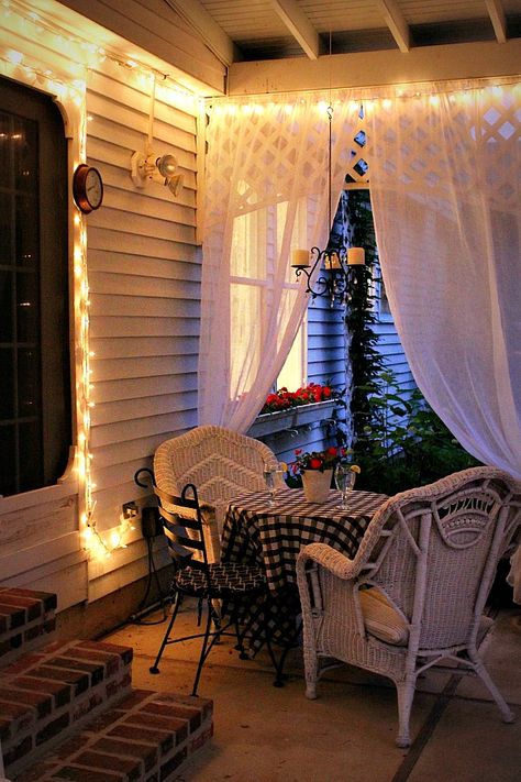 Re-purposed Curtains for the Patio | Grateful Prayer | Thankful Heart Pergola Roof, Pergola Curtains, Patio Curtains, Apartment Patio, Small Porches, Decks And Porches, Diy Curtains, Small Patio, Back Patio