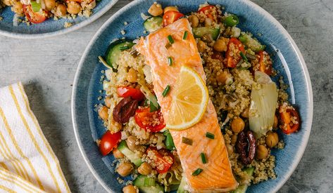 Veggie-Packed Quinoa Salad with Roasted Salmon Salmon Dishes Aesthetic, Salmon With Quinoa Salad, Salmon Quinoa Bowl Healthy, Salmon And Veggie Recipes, Quinoa Salmon Salad, Quinoa Salad With Salmon, Quinoa Recipes With Salmon, Salmon With Quinoa Recipe, Quinoa And Salmon Recipes