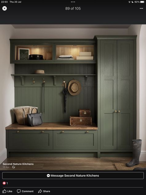 Home Entrance Storage Ideas, Mud Room Cubby Storage Ideas, Nicole Gates, Mud Room Ideas Entryway, Mud Room Entrance, Green Mudroom, Garderobeløsning Gang, Boot Room Utility, Small Mudroom Ideas