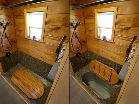 Hidden bathtub Tiny House Bathtub, Diy Tiny House Plans, Gooseneck Tiny House, Cama Queen Size, Japanese Soaking Tubs, Diy Tiny House, Cabin Bathrooms, Best Tiny House, Living Room Arrangements