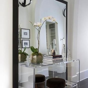 Clear Console Table in Front of Black Leaning Mirror Acrylic Console Table, Styling 101, Lucite Furniture, Interior Design Blogs, Console Table Entryway, Entryway Style, Luxe Furniture, Floor Length Mirror, Console Table Styling