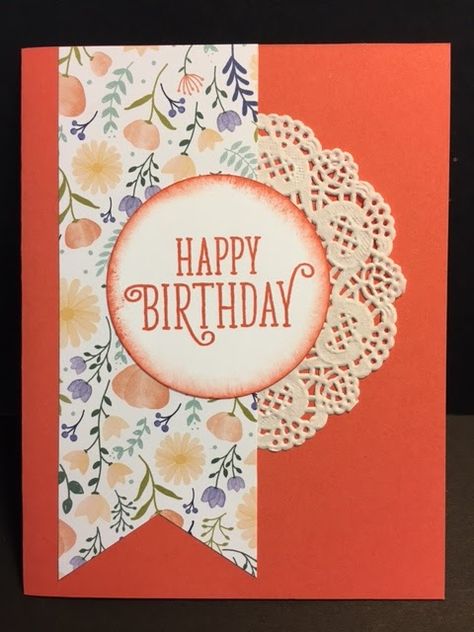 Last night I attended Terri's FABULOUS Stamp-a-Stack. This was one of the cards I had made.  I LOVE the simplicity of this card and not t... Stampin Up Doily Cards, Cards With Doilies, Doily Cards Handmade, Female Birthday Cards, Handmade Cards Ideas, Doily Cards, Birthday Gorgeous, Happy Birthday Cards Printable, Bday Cards