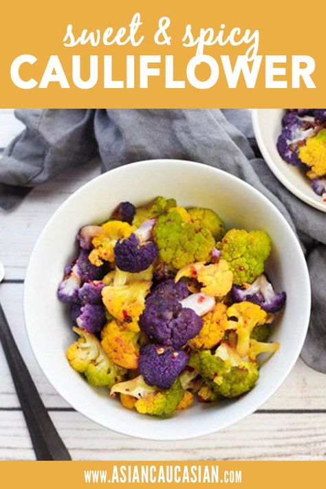 This tri-colored cauliflower is a fun and easy side dish with an Asian twist! It's gluten free and dairy free, but don't let those healthy labels fool you - this roasted cauliflower recipe is packed with incredible flavor, and will become a family favorite! #sidedish #glutenfree Colored Cauliflower Recipes, Colored Cauliflower, Cauliflower Side Dish, Roasted Cauliflower Recipe, Asian Fusion Recipes, Fusion Recipes, Healthy Asian Recipes, Roasted Cauliflower Recipes, Cauliflower Recipe