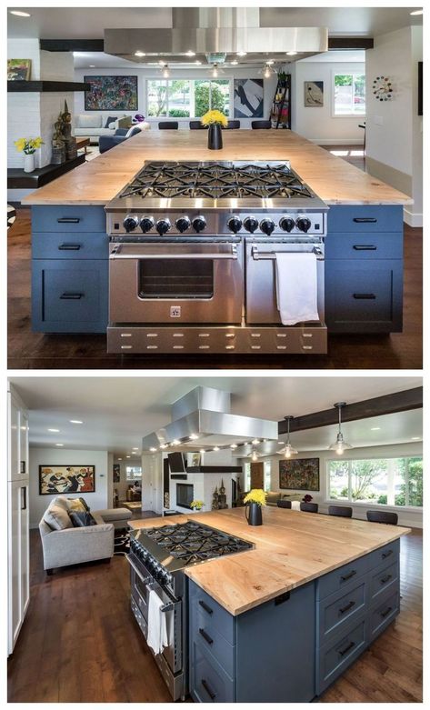 Island With Stove, Kitchen Island With Stove, Kabinet Dapur, Farmhouse Kitchen Island, Kitchen Inspiration Design, Unique Kitchen, Kitchen Remodel Idea, Kitchen Layout, Home Decor Kitchen