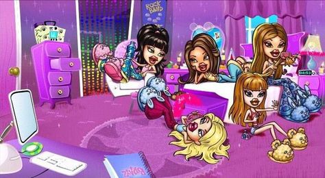 Slumber Party | Bratz Wiki | Fandom Bratz Computer Wallpaper, Bratz Laptop Wallpaper, 2000s Wallpaper Laptop, Bratz Slumber Party, Brat Doll, Bratz Girls, Y2k Wallpaper, Macbook Wallpaper, Slumber Party